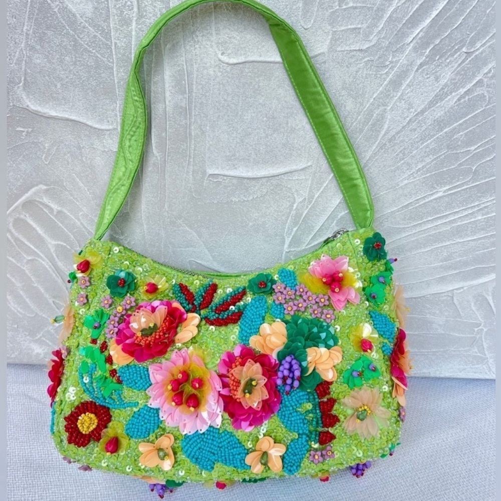 Viral Green Colorful Floral Beaded Bag, NWT, Handcrafted In India